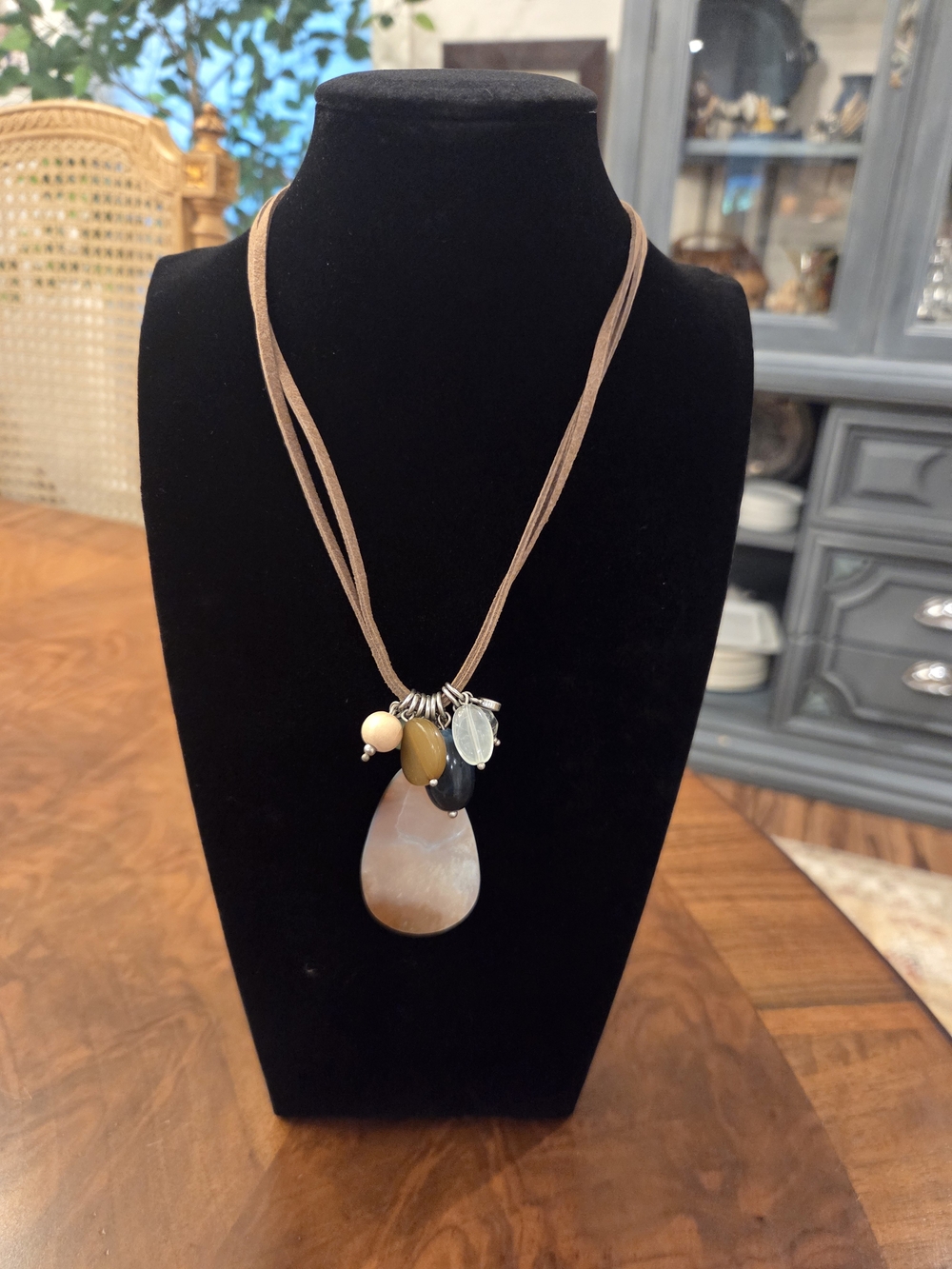 Women’s Neutral Teardrop Pendant Necklace with Multi-Stone Charms